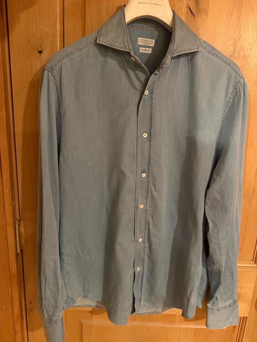 Brunello Cucinelli Pale Blue Denim-Style Men's Button-Down Shirt